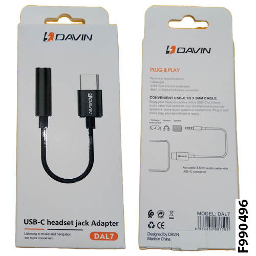 DAVIN DAL7 USB-C headset jack Adapter (Aux cable 3.5mm Audio cable with USB-C connector) - Black